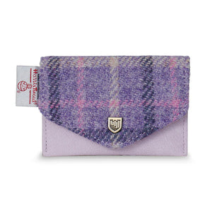 Purple tartan Harris Tweed® card holder with leather back and gold clasp by Islander.