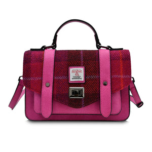 Ladies Harris Tweed Satchel with a pink PU leather body and a red tartan patterned fabric top.