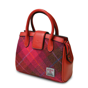 Side angle of the Red Tartan Harris Tweed Tree Tote Bag with the shoulder strap removed.