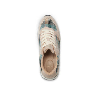 Top view of Islander Rosie Harris Tweed trainer with cream laces and tartan fabric.
