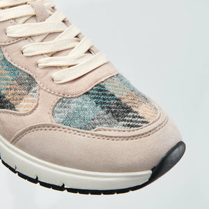Detail shot of the toe on Islander Rosie trainer with Harris Tweed and textured suede.