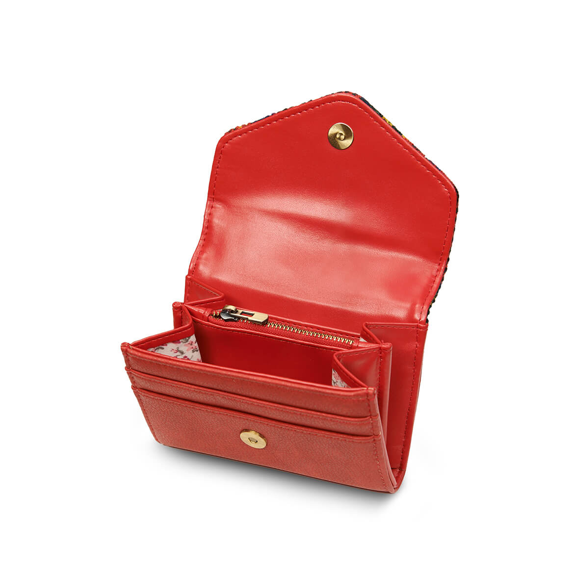 Open view of small Harris Tweed purse showing interior card slots, floral lining, and zip pocket.