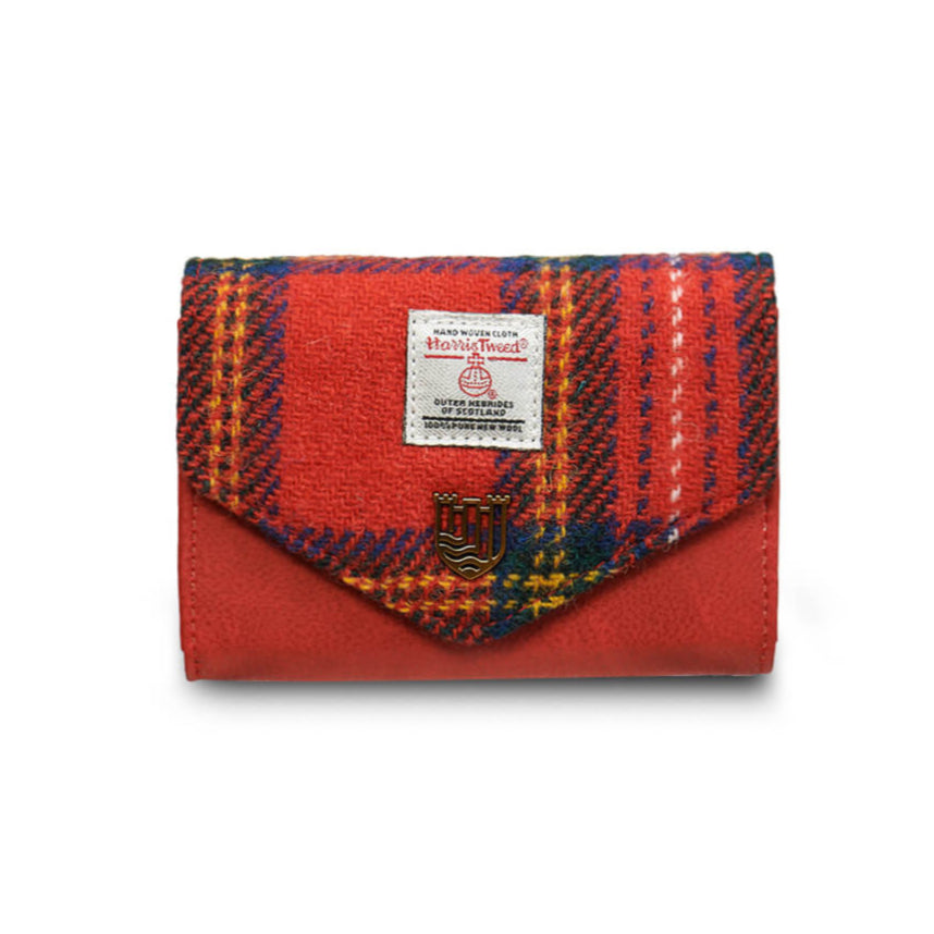 Front view of Islander Royal Stewart Harris Tweed purse with red tartan flap and Harris Tweed label.