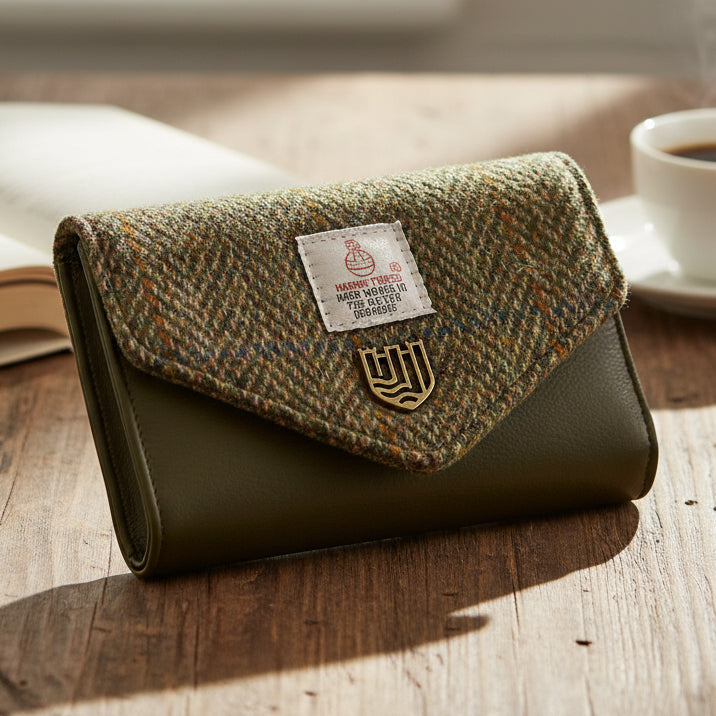Chestnut herringbone Harris Tweed clasp purse lifestyle shot on wooden table.