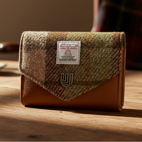 Chestnut tartan Harris Tweed clasp purse on wooden table with warm lighting.