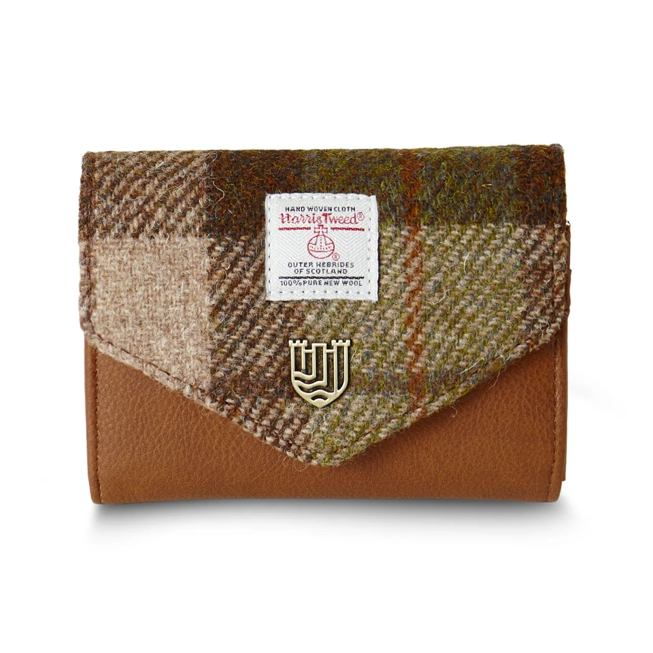 Chestnut tartan Harris Tweed clasp purse front view on white background.