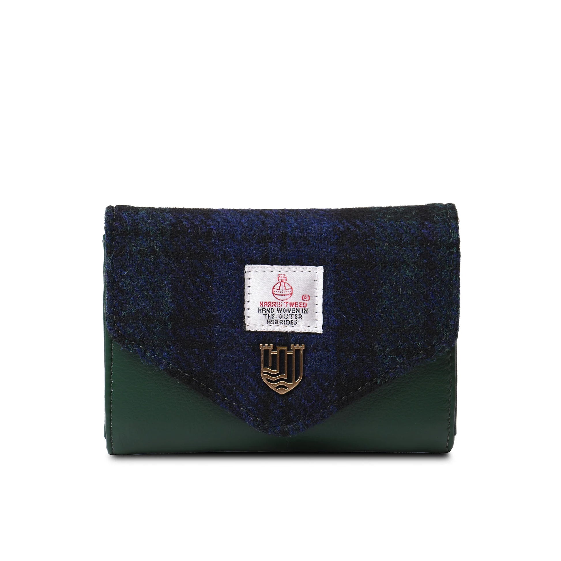 Black Watch tartan Harris Tweed clasp purse front view on white background.
