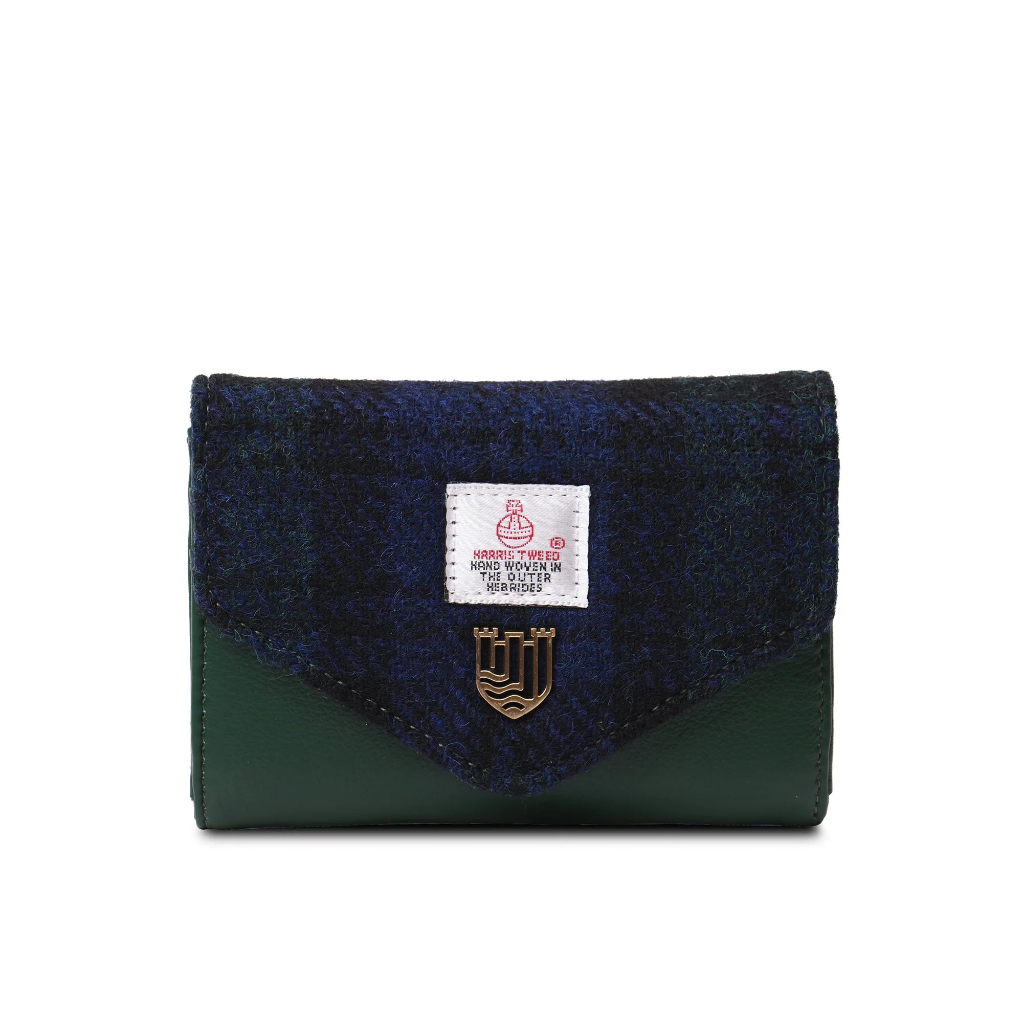 Black Watch tartan Harris Tweed clasp purse front view on white background.