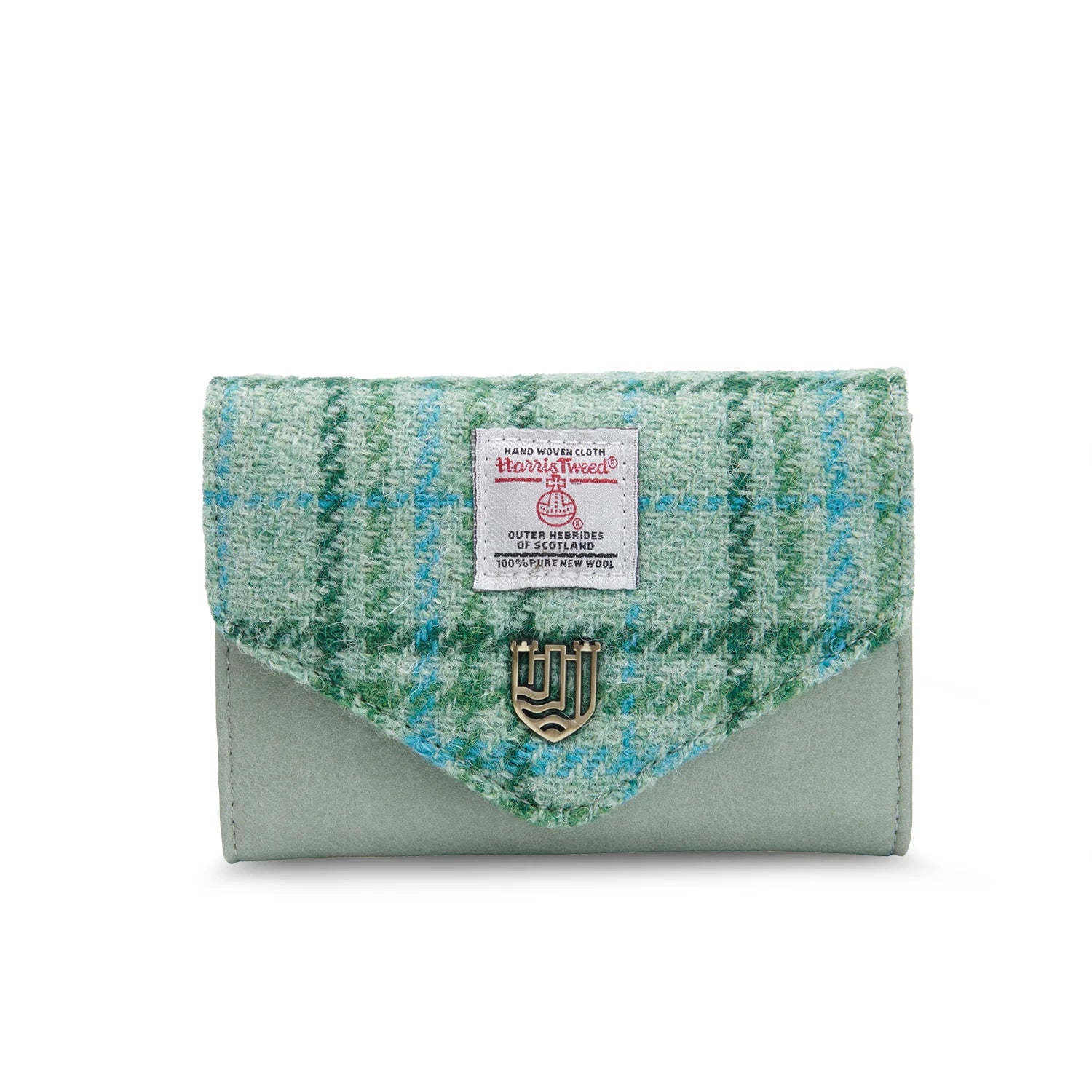 Mint tartan Harris Tweed clasp purse front view on white background.