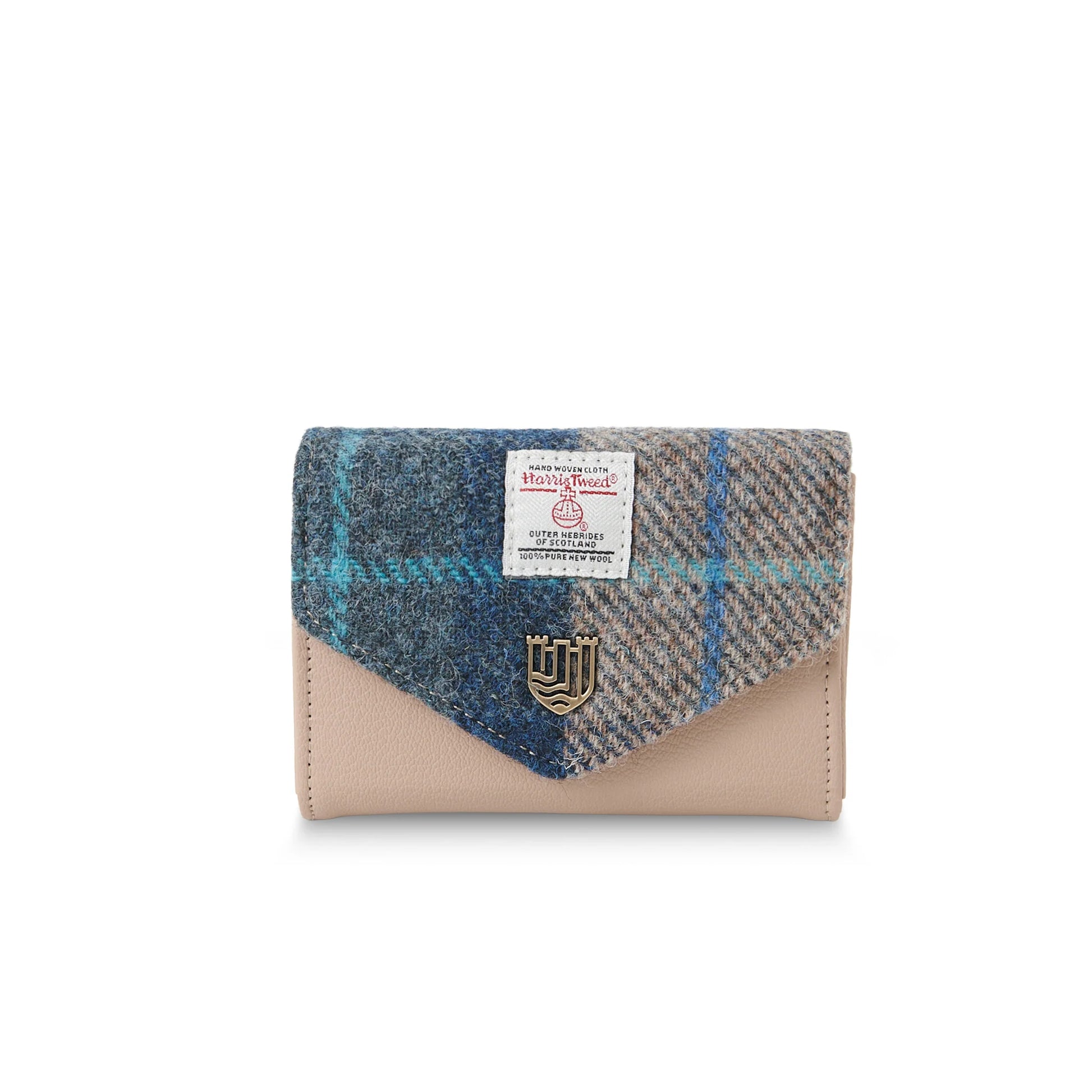 Navy-beige tartan Harris Tweed clasp purse overhead on white background.