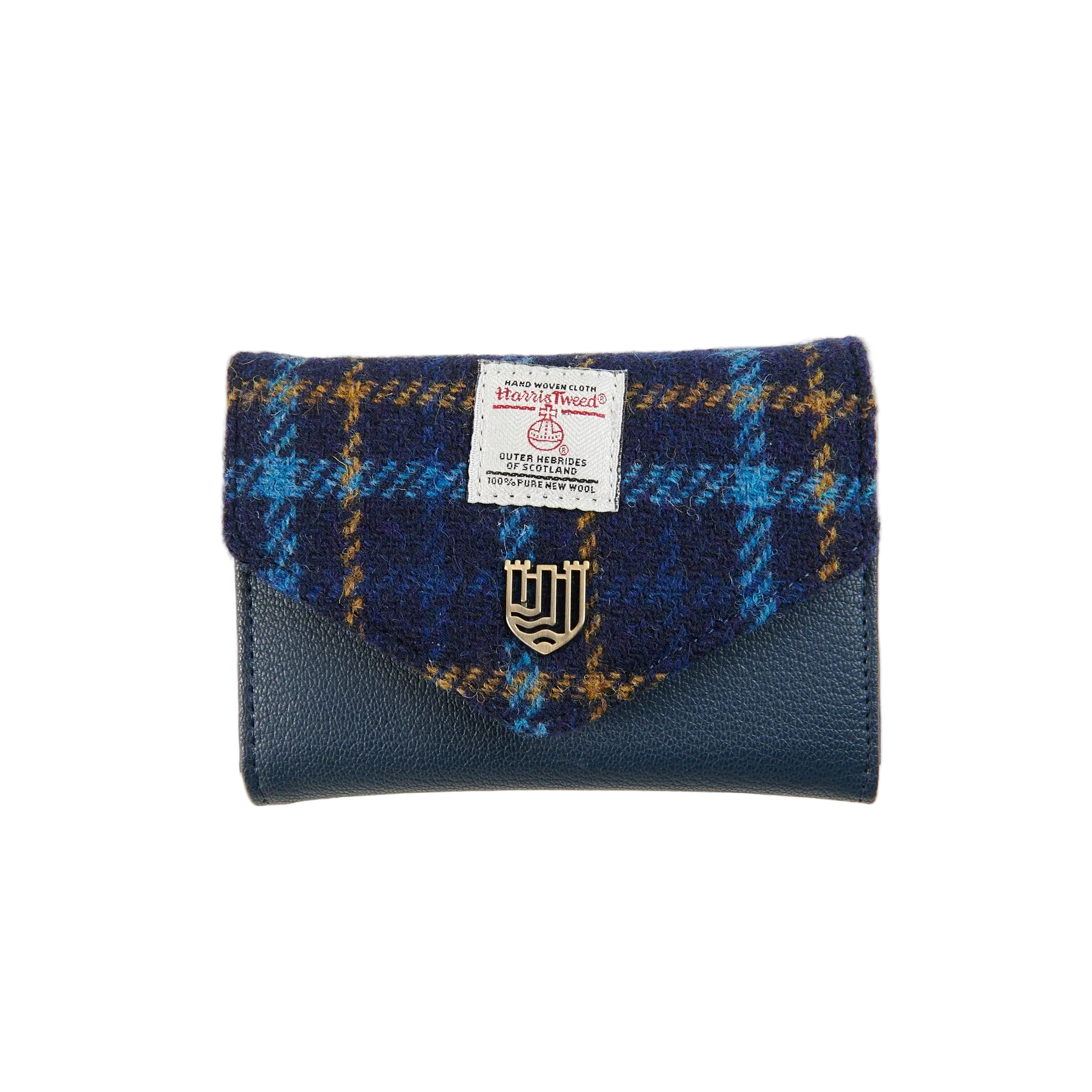 Navy tartan Harris Tweed clasp purse overhead view on white background.