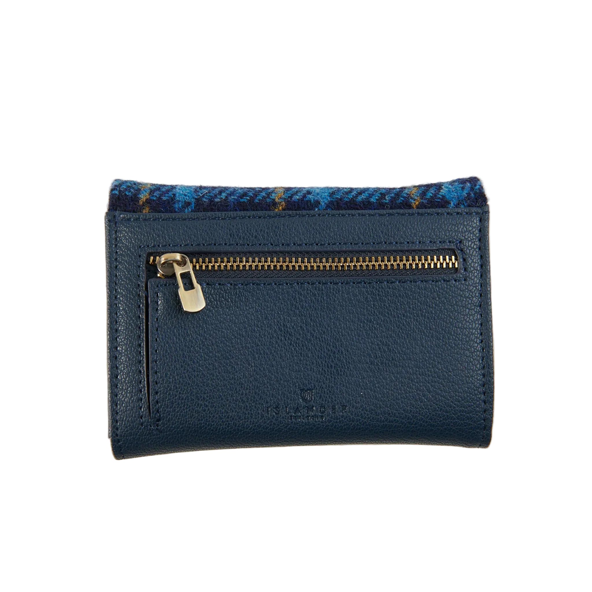 Navy tartan Harris Tweed purse back showing zip pocket detail.