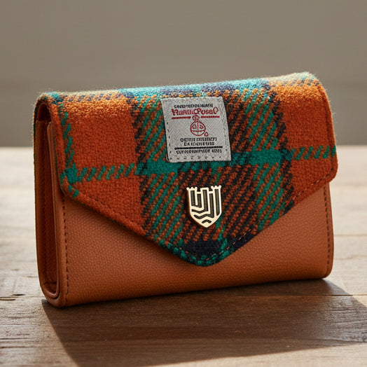 Orange-blue tartan Harris Tweed clasp purse on wooden surface lifestyle shot.