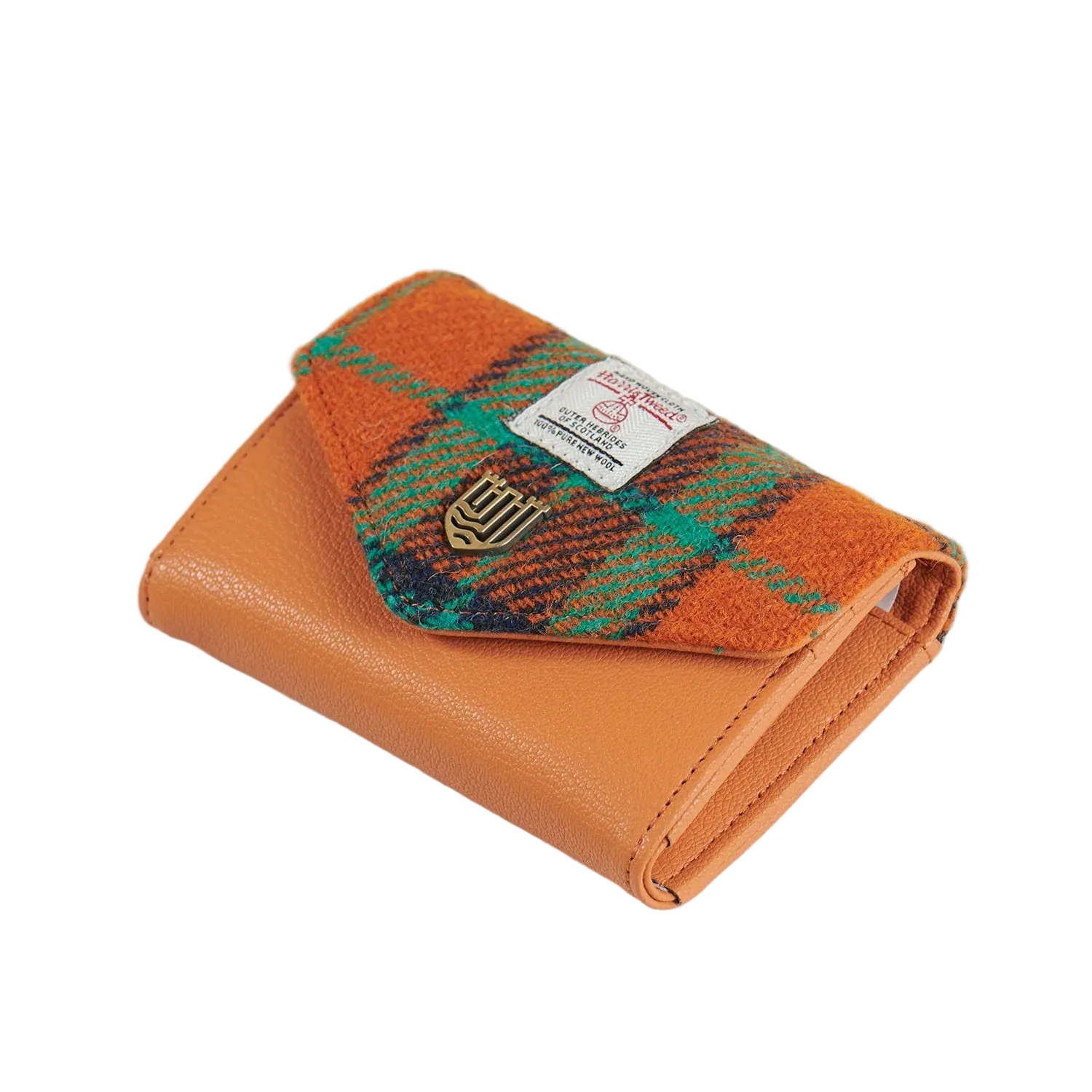 Orange-blue tartan Harris Tweed purse rolled profile on white background.