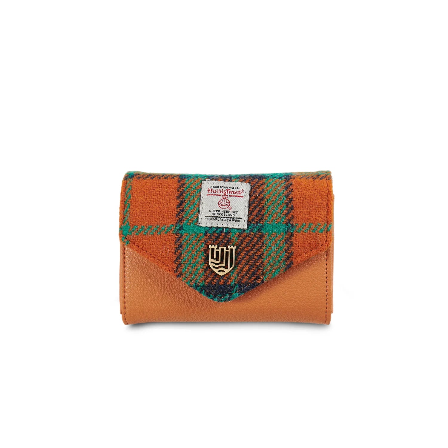 Orange-blue tartan Harris Tweed clasp purse overhead on white background.
