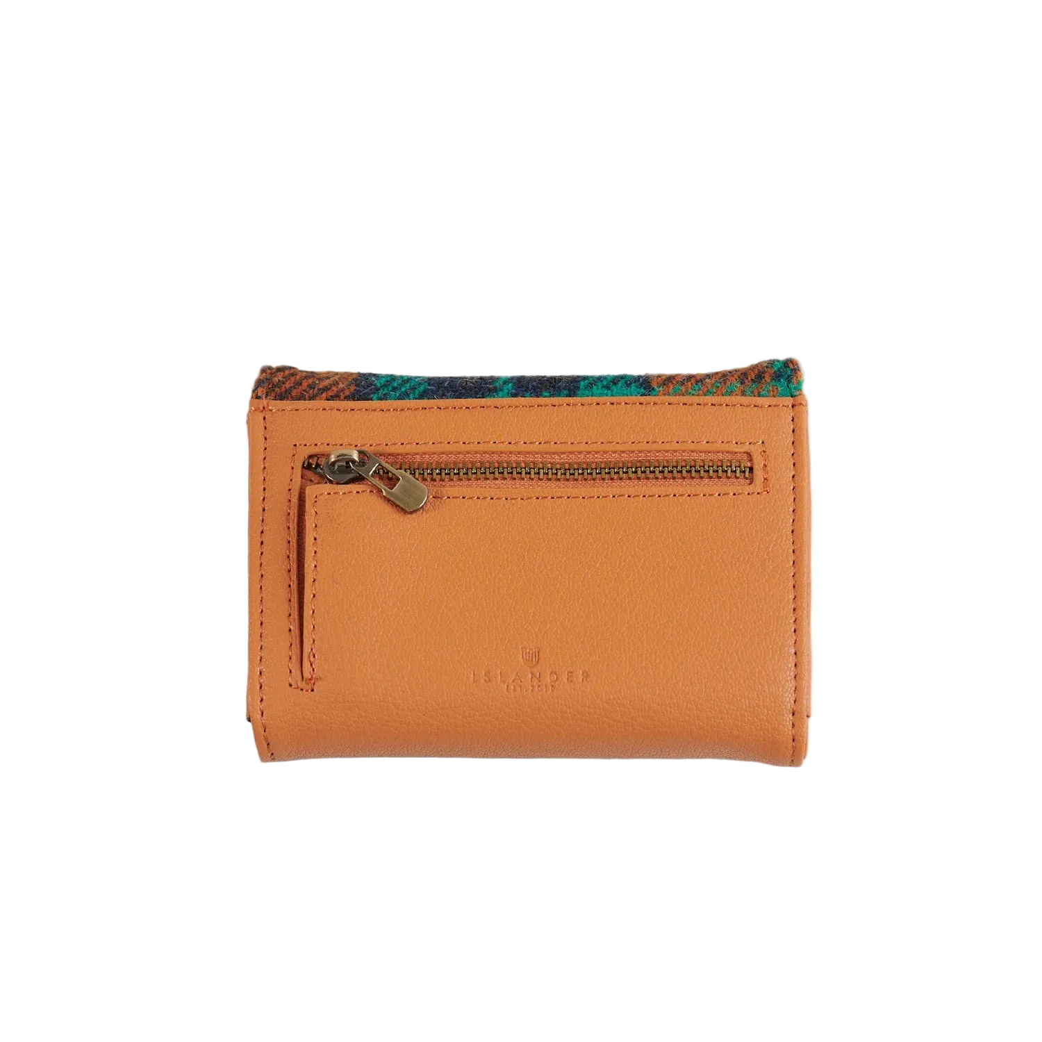 Orange-blue tartan Harris Tweed purse open showing interior compartment.