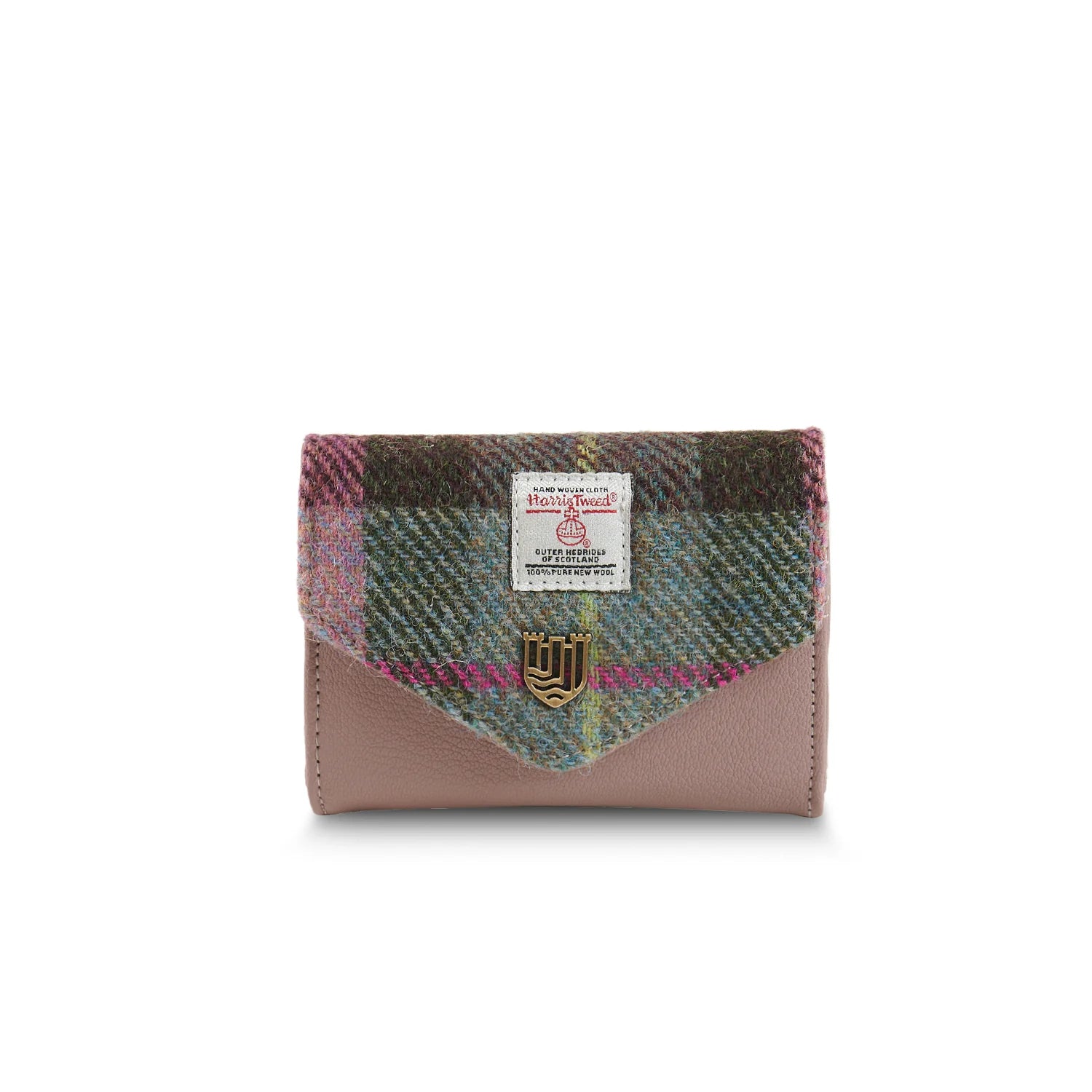 Pink-green tartan Harris Tweed clasp purse overhead on white background.