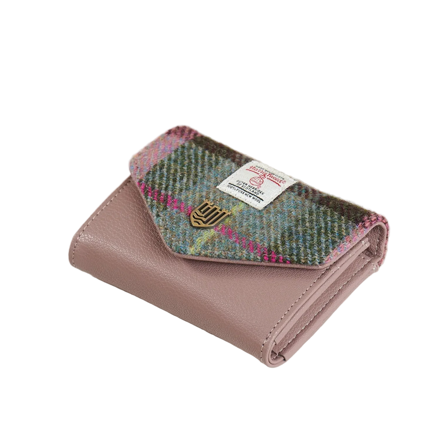 Pink-green tartan Harris Tweed purse folded profile on white background.
