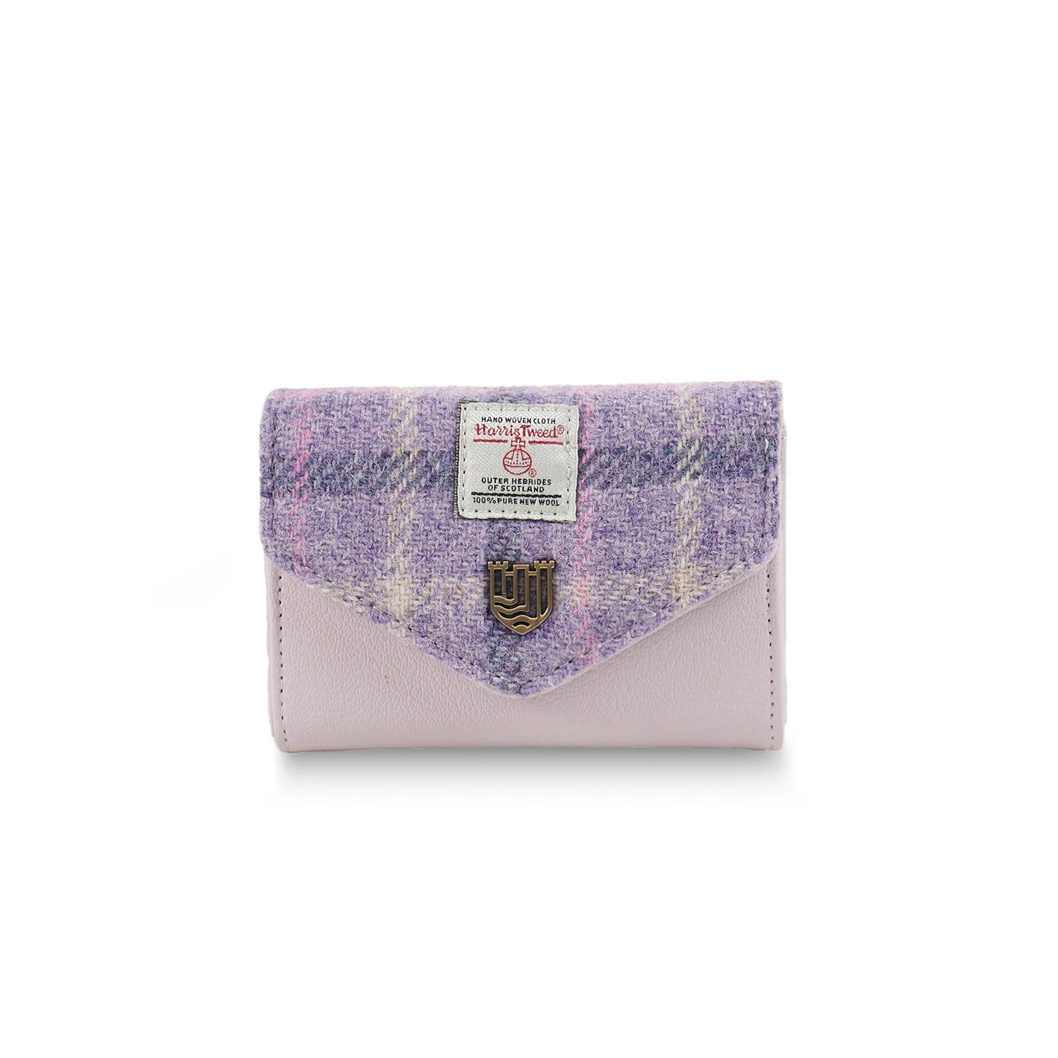 Purple tartan Harris Tweed clasp purse overhead on white background.