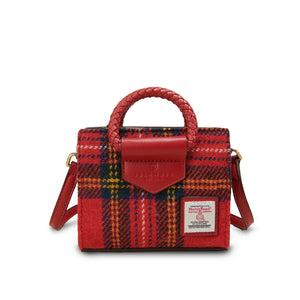 Front view of Mini Arran Tote in bold red Stewart Tartan Harris Tweed® with braided red top handle, microfibre leather trim, and Harris Tweed® certification label.