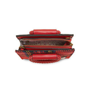 Top-down view of Mini Arran Tote in Stewart Tartan Harris Tweed® with open zip closure, revealing interior compartments and red leather detailing.