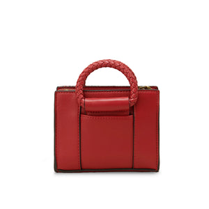 Back view of Mini Arran Tote bag featuring smooth red microfibre leather panel, braided handle, and rear slip pocket.