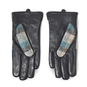 Back view of gloves showing black leather palms with Islander tartan thumbs, designed with touchscreen compatibility.