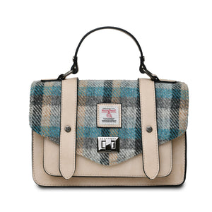 The Harris Tweed satchel with the shoulder strap removed.