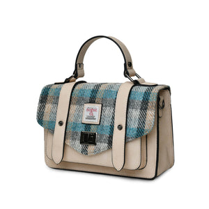 Islander Tartan Harris Tweed Satchel from the side with the shoulder strap removed.