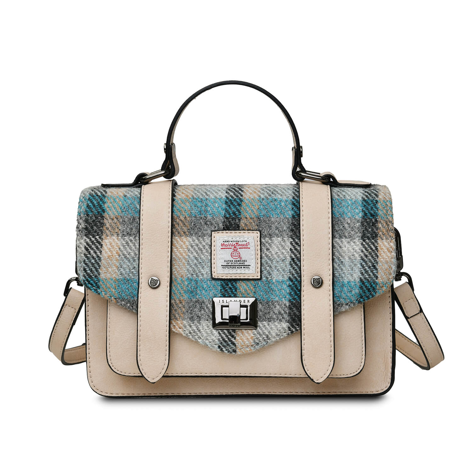 Islander Tartan Harris Tweed Satchel with a cream coloured PU leather body and shoulder strap behind.