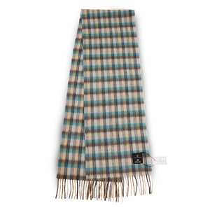 Islander tartan lambswool scarf with teal, cream, and brown checks laid flat.