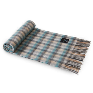 Rolled Islander tartan lambswool scarf with fringed edge.