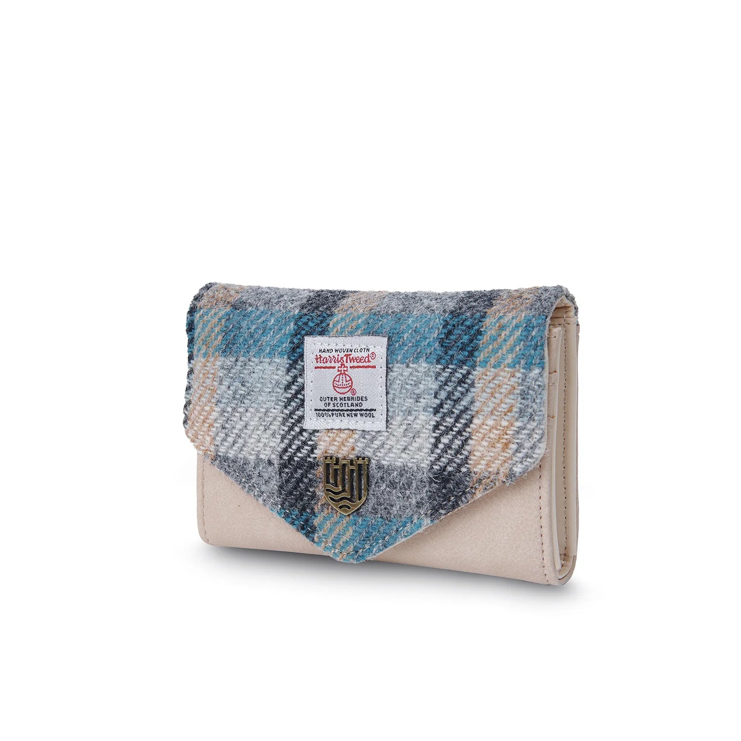 Angled view of the tartan Harris Tweed purse highlighting the textured flap and neutral cream body with stylish detailing.