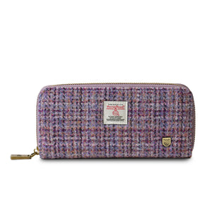 Ladies Harris Tweed Purse with a purple and violet dogtooth pattern design.