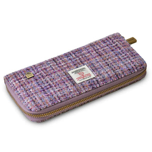 From the side the Islander Violet Dogtooth Harris Tweed Zip Purse.