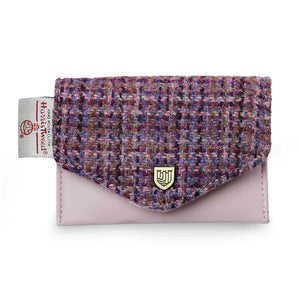 Violet mini dogtooth Harris Tweed® card holder with leather body and gold clasp by Islander.