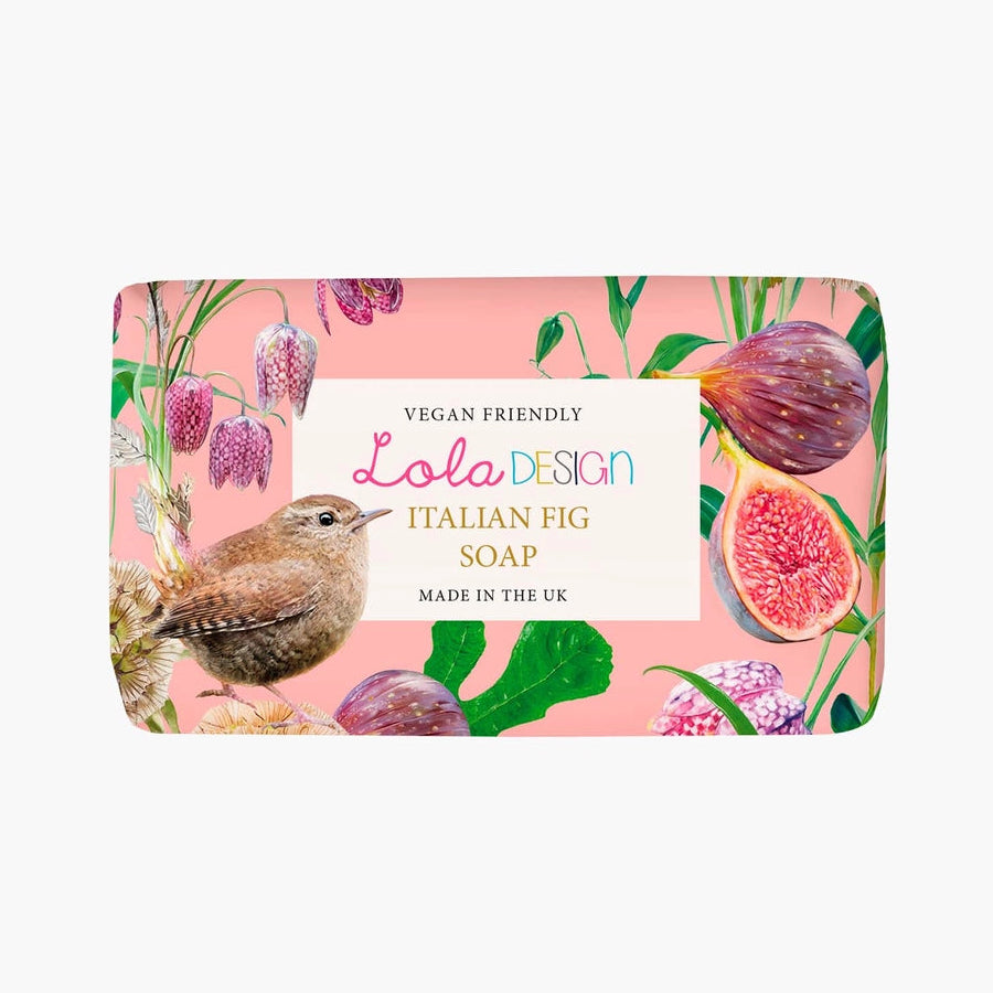 Italian Fig Vegan Friendly Wren Soap by Lola Design featuring pink floral packaging, figs, and a wren illustration. Vegan, cruelty-free, Shea butter soap.