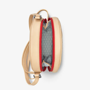 Top view open – Inside view of Jammie Dodger cream leather cross body bag with zip-around fastening and cotton lining.