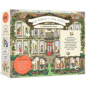 Box image of The World of Jane Austen 500 Piece Jigsaw Puzzle featuring illustrated Regency house and characters from Austen’s novels.