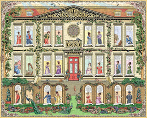 Completed image of The World of Jane Austen Puzzle showing detailed scenes and conversations between characters like Lizzy Bennet and Mr Darcy.