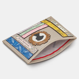 Side angle showing the slim profile and red-lined slip pocket of the Jane Austen card holder.