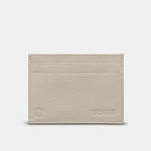 Rear view of the Jane Austen card holder in plain warm grey leather with embossed branding.