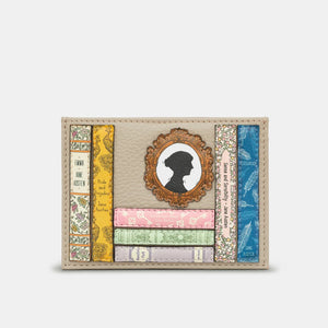 Front view of warm grey leather card holder with Jane Austen book spine appliques and cameo silhouette.