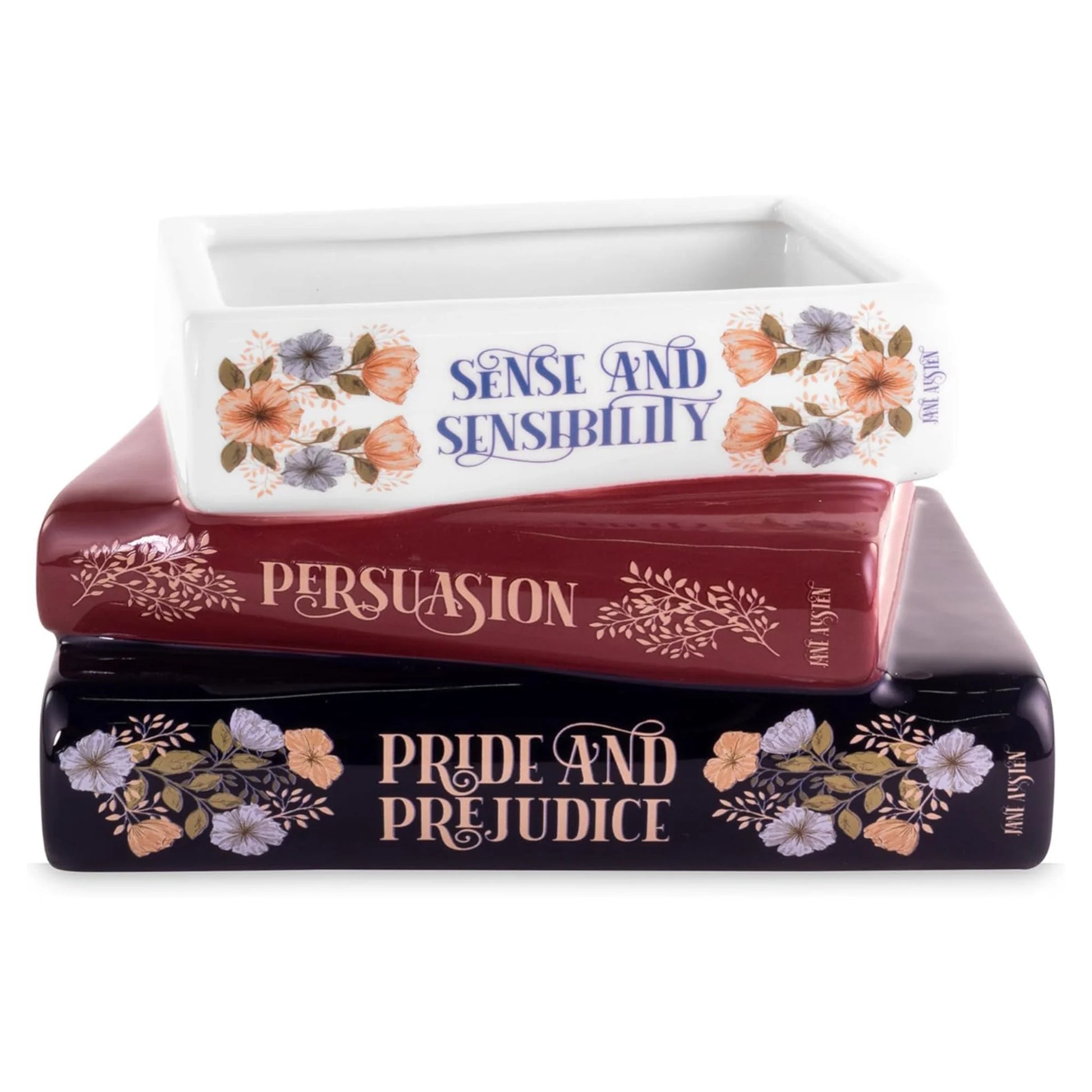 Jane Austen Stacked Books Planter featuring Pride and Prejudice, Persuasion, and Sense and Sensibility in a ceramic book-style design.