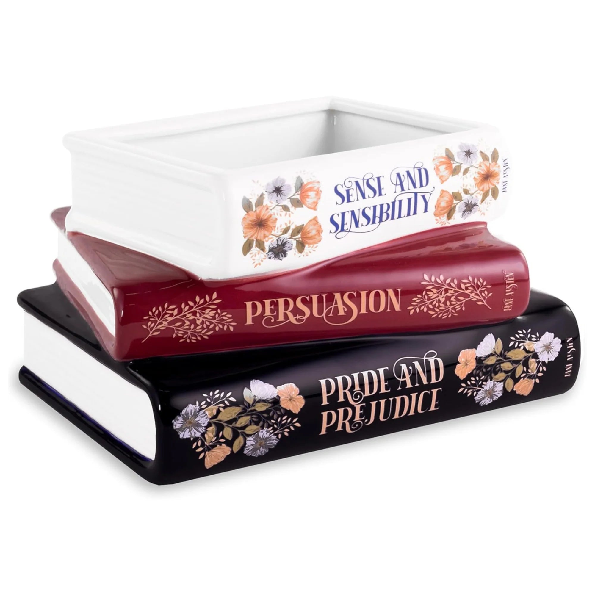 Side view of the Jane Austen Stacked Books Planter, a ceramic plant pot shaped like classic books with floral detailing.