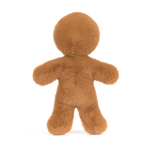 Back: Jolly Gingerbread Fred, a soft plush toy from Jellycat, is shown from the back. Fred's back is plain golden brown with a stitched seam running down the center.