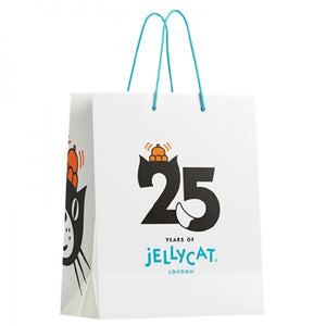 A white, reusable gift bag with the classic red Jellycat logo and a blue 25th Anniversary emblem. The bag has eco-friendly cotton handles.