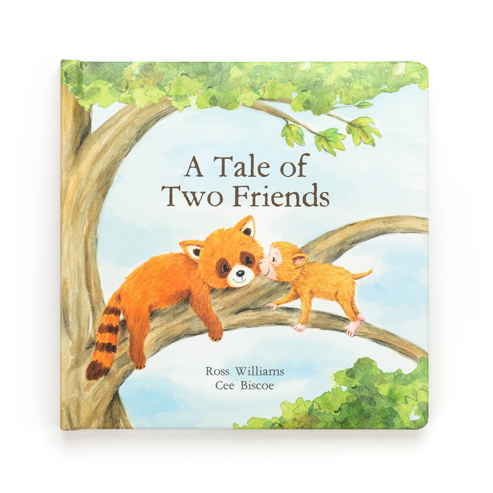 Jellycat A Tale of Two Friends book cover showing red panda and monkey in tree.