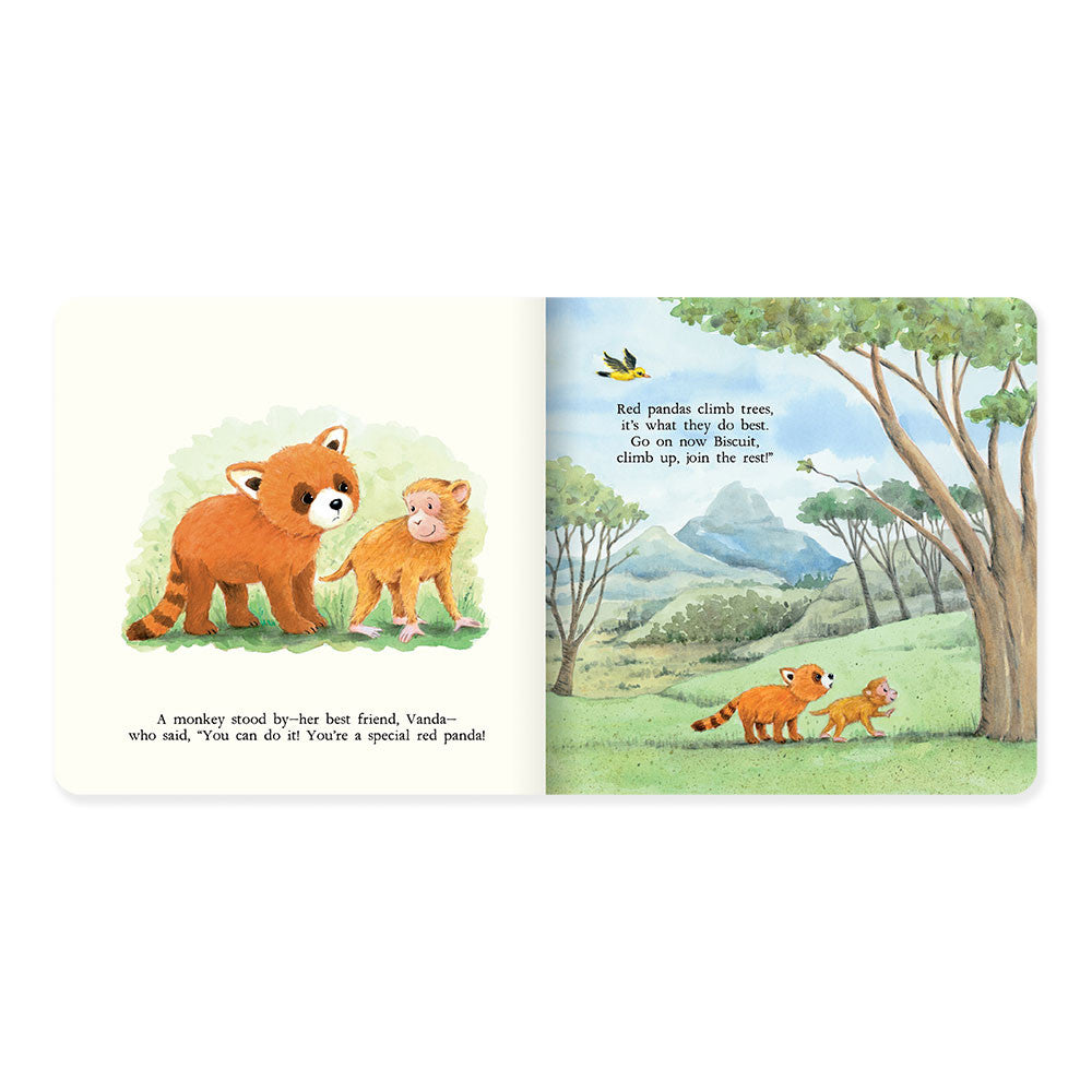 Inside spread of Jellycat board book with Biscuit the red panda and Vanda the monkey.