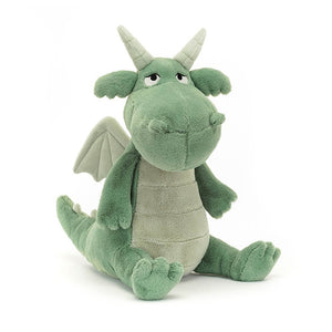Jellycat Adon Dragon children's soft toy covered in green fur and tiny little soft horns on his head.
